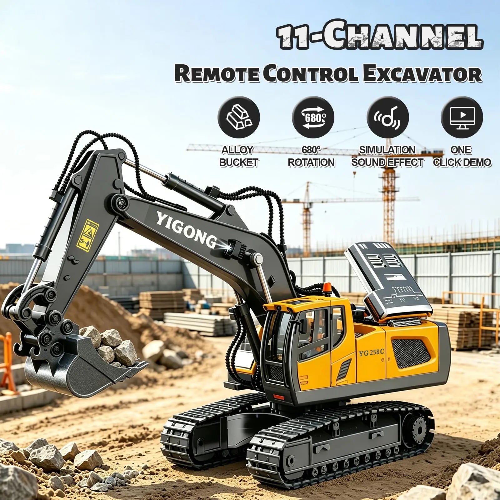 Remote Control Engineering Vehicle 2.4G High-Tech 11 Channels, Remote Control Excavator, Dump Truck, Aluminium Alloy ABS Engineering Vehicle Electronic Toy,Realistic Lights and Sounds,Gifts