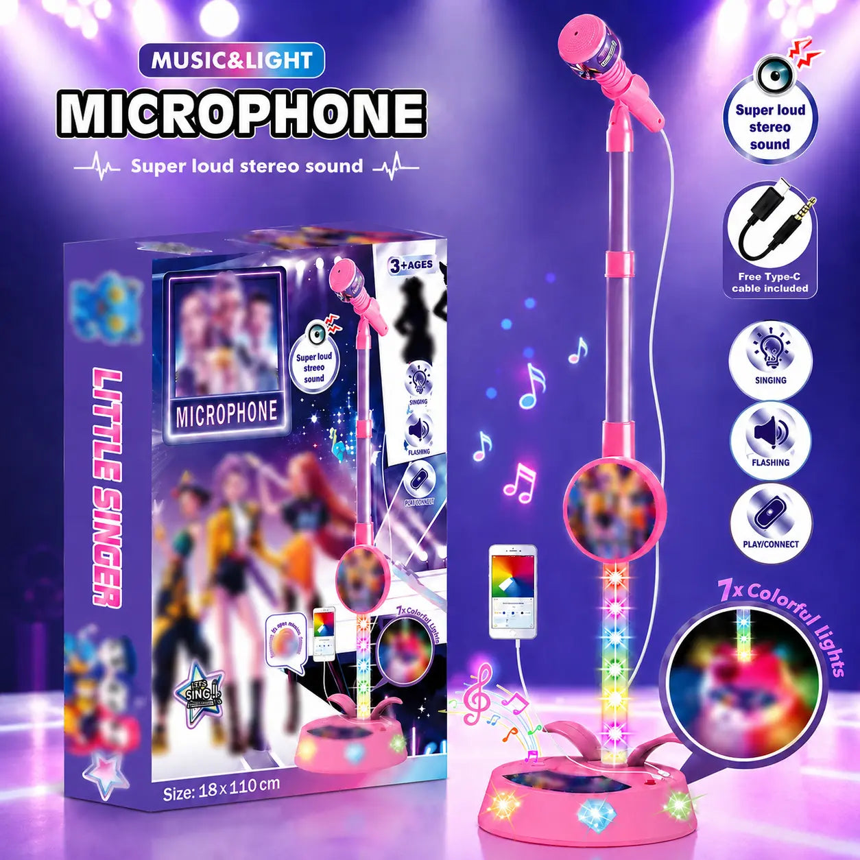 Unleash Your Child's Inner Pop Star! ThisKaraokeMicrophone Toy with Colorful LEDLights & Built-in MusicEncourages Singing,Boosts Confidence, and Makes aPerfectBirthday Gift for children Aged 3-8.Fun,Educational, and Hours of Entertainment!