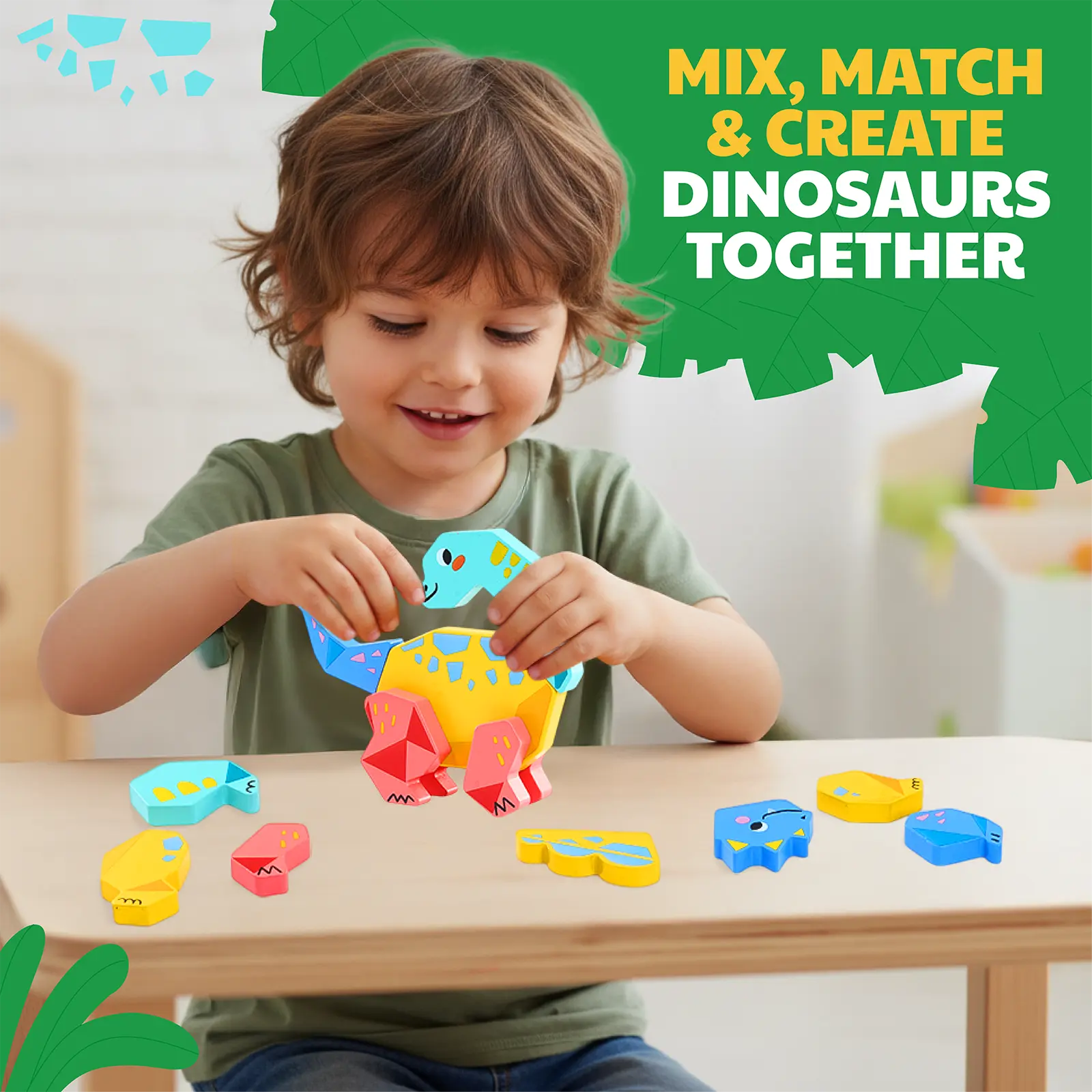Magnetic Wooden Dinosaur Building Blocks Set
