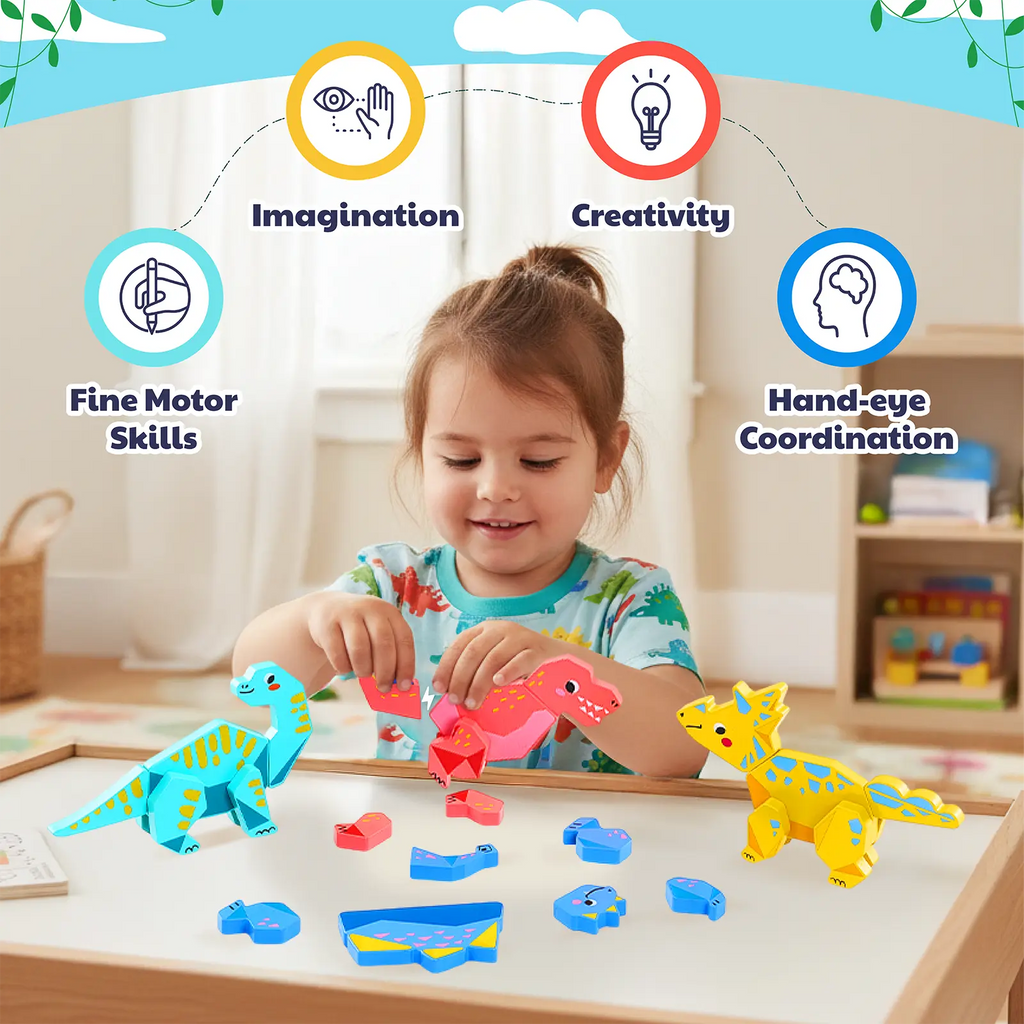 Magnetic Wooden Dinosaur Building Blocks Set
