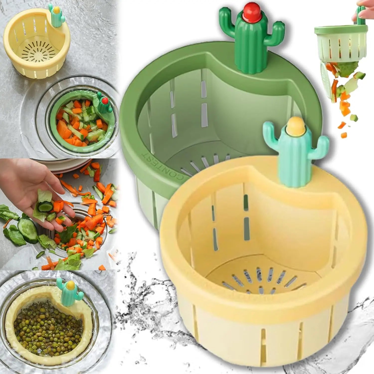 2pcs Cactus Sink Filter Basket, Versatile Kitchen Sink Strainer Cute Sink Filter Basket Kitchen Gadgets Press Automatic Dumping Basket for Home Use (Green & Yellow)