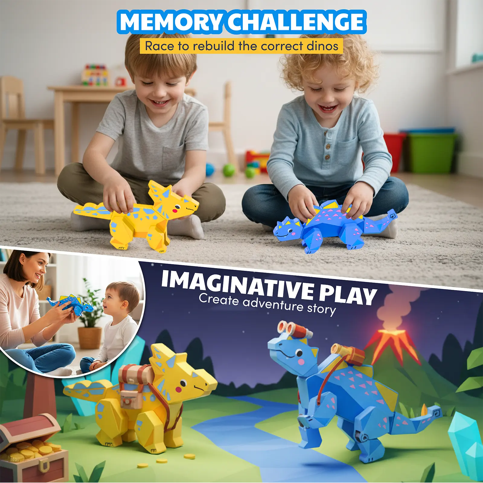 Magnetic Wooden Dinosaur Building Blocks Set