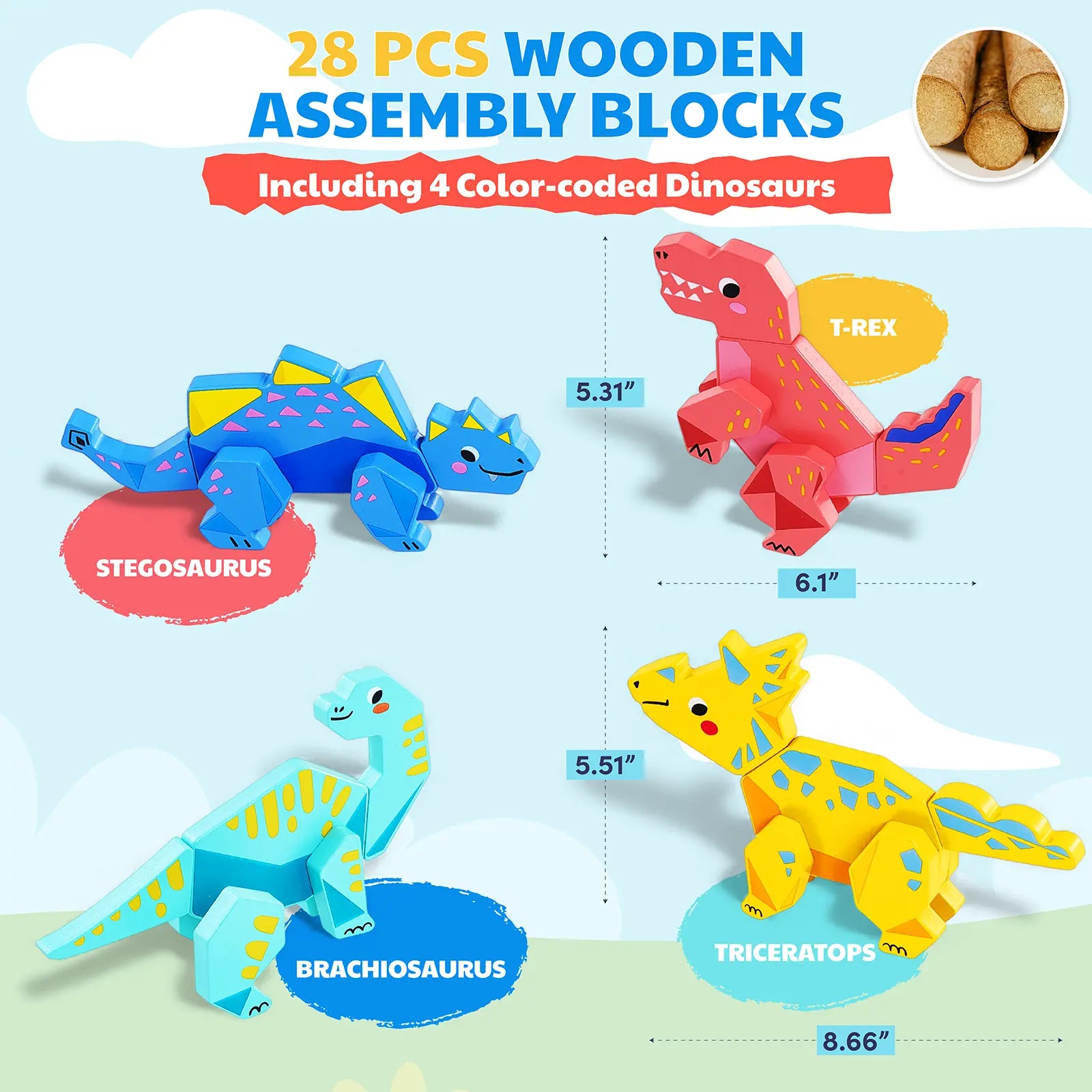Magnetic Wooden Dinosaur Building Blocks Set