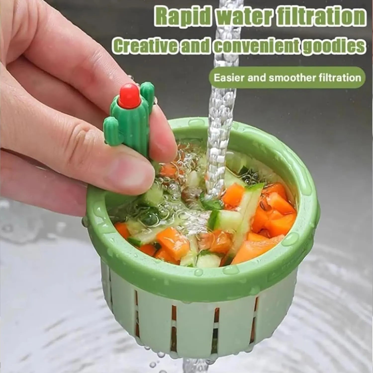 2pcs Cactus Sink Filter Basket, Versatile Kitchen Sink Strainer Cute Sink Filter Basket Kitchen Gadgets Press Automatic Dumping Basket for Home Use (Green & Yellow)